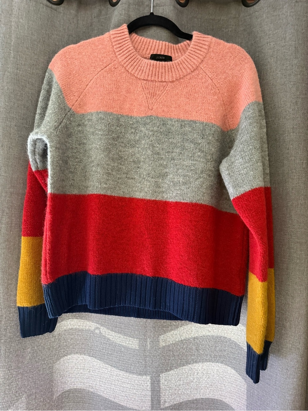 J. Crew Multicolor Stripe Crewneck Sweater — Pink, Gray, Red, Navy & Yellow